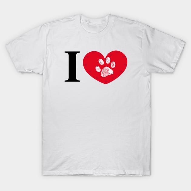 I love you text made of paw print red heart T-Shirt by GULSENGUNEL